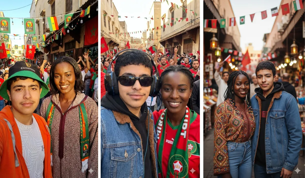 برومبت AI لإنشاء صورة واقعية مع فتاة إفريقية في شارع مغربي خلال أجواء كأس إفريقيا