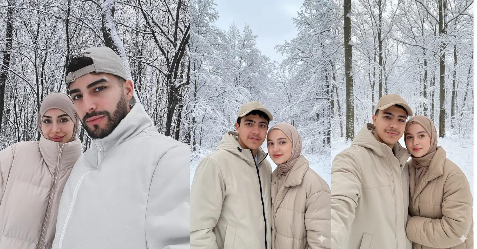 برومبت AI لإنشاء صورة سيلفي رومانسية فائقة الواقعية لزوجين في غابة شتوية