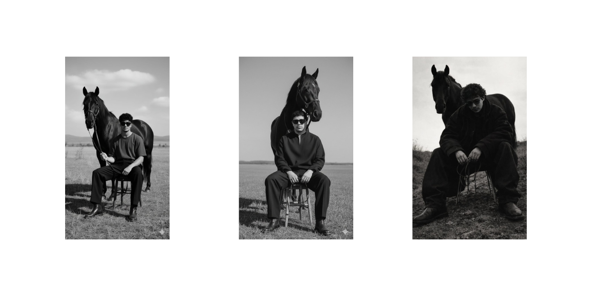 برومبت AI لإنشاء صورة سينمائية فاخرة لرجل مع حصان أسود بأسلوب مجلات الموضة