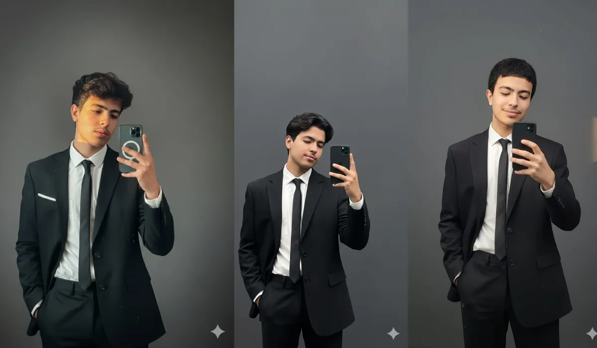 رومبت AI لإنشاء صورة سيلفي واقعية أمام المرآة ببدلة سوداء أنيقة