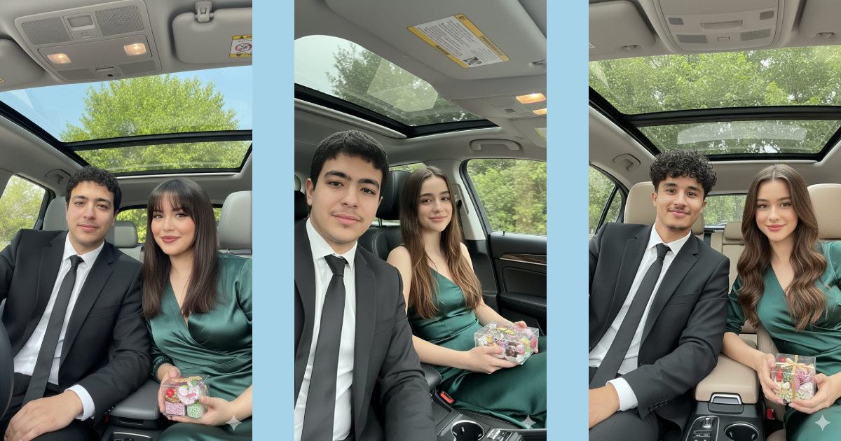 برومبت AI لإنشاء صورة سيلفي رومانسية واقعية لزوجين داخل سيارة عصرية بسقف بانورامي