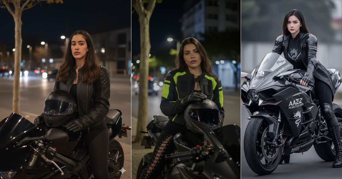 رومبت AI لإنشاء صورة سينمائية فائقة الواقعية لفتاة على دراجة نارية مستقبلية